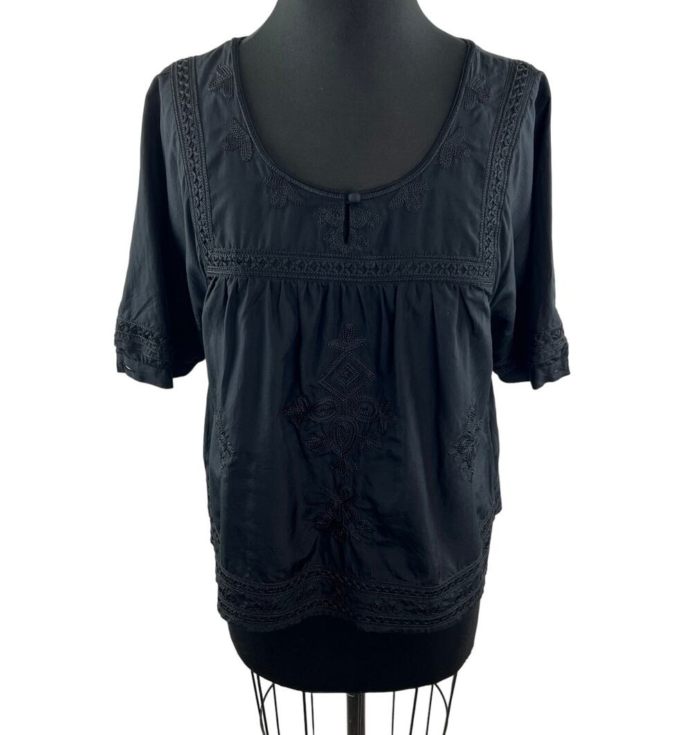 VINTAGE Lucky Brand Peasant Top Black Silk Cotton Scoop Short Sleeve S Small